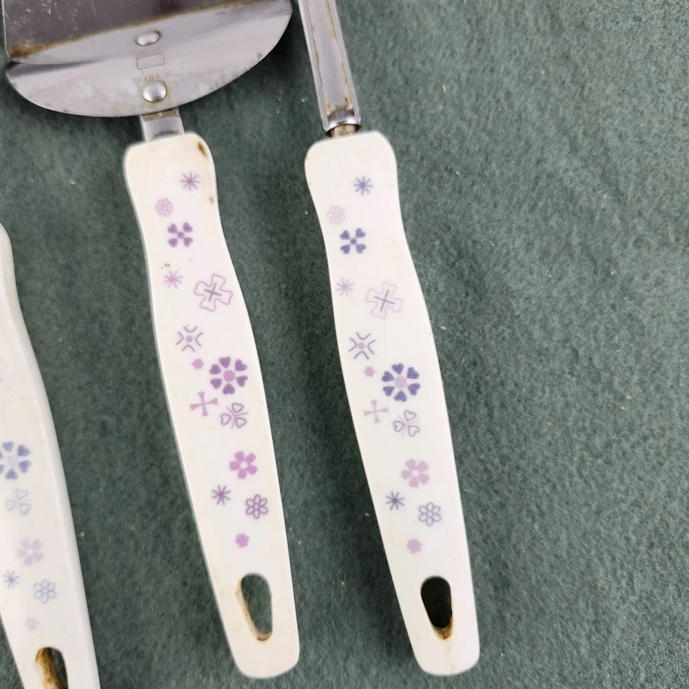 Vintage EKCO USA Stainless Steel Serving Utensils - White & Purple Handle